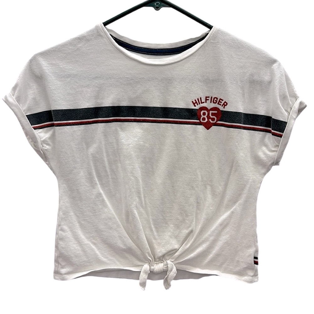 Tommy Hilfiger White Chest Heart Stripe Cuffed Tie Front Crew Neck Tee Girls M